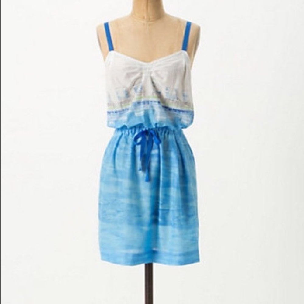 Anthropologie White and Blue Tiered Sundress Chemise